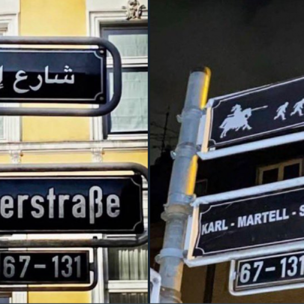 Arabokat üldöző kereszteslovag-matrica került az arab utcanévtáblára Düsseldorfban